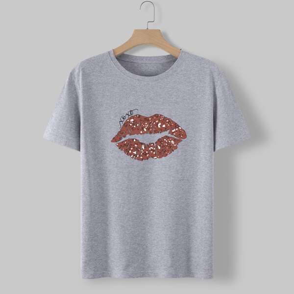 

Lip Print Short Sleeve Tee, Light grey