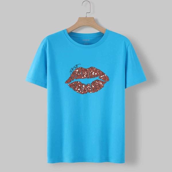 

Lip Print Short Sleeve Tee, Blue