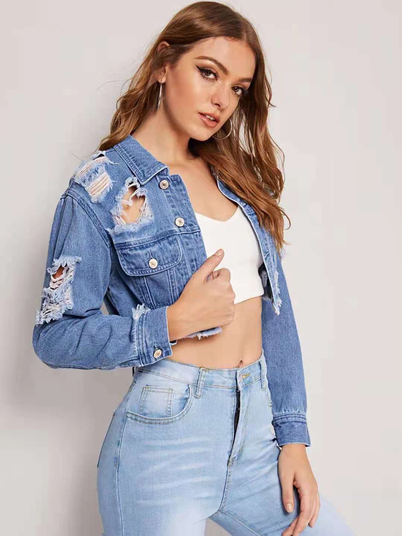 Ripped Raw Hem Crop Denim Jacket - Epixior
