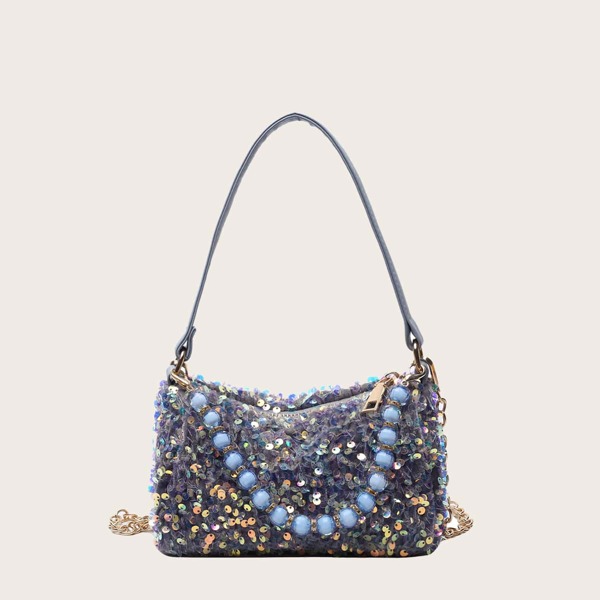 

Sequins Decor Bead Satchel Bag, Blue