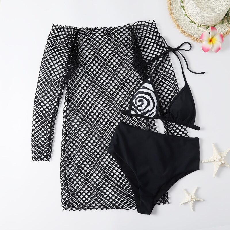 

3pack Halter Bikini Swimsuit & Fishnet Cover Up, Black