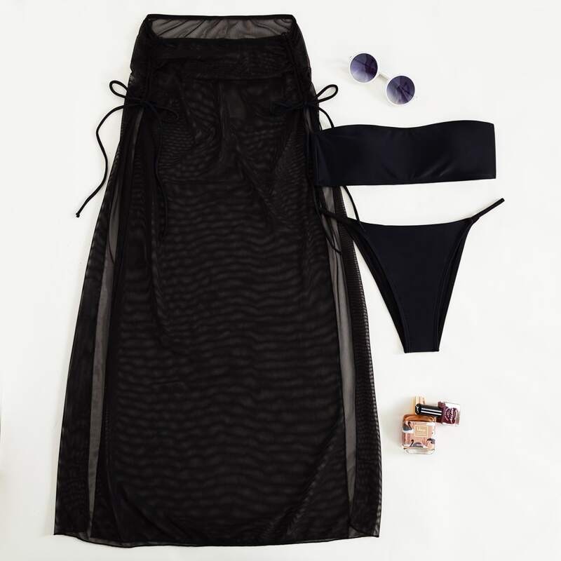 

3pack Bandeau Thong Bikini Swimsuit & Mesh Cover Up, Black