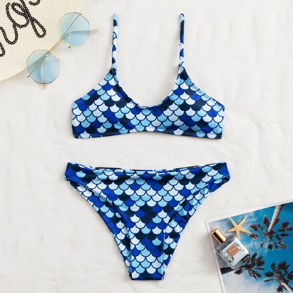 

Fish Scale Print Bikini Swimsuit, Multicolor