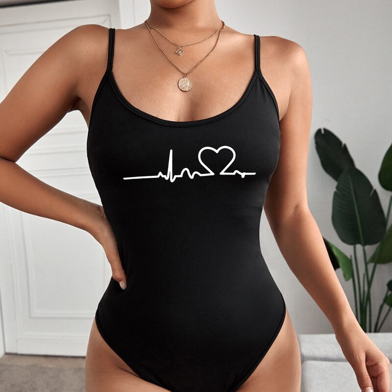 

Heart Print Cami Bodysuit, Black