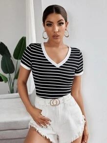 SHEIN Frenchy Áo thun Sọc Giải trí - màu đen - Xem 1