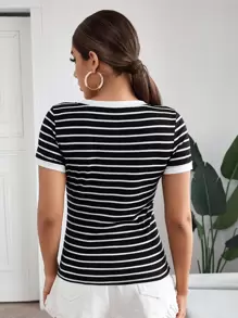 SHEIN Frenchy Áo thun Sọc Giải trí - màu đen - Xem 2