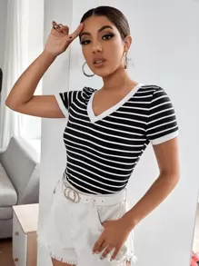 SHEIN Frenchy Áo thun Sọc Giải trí - màu đen - Xem 4