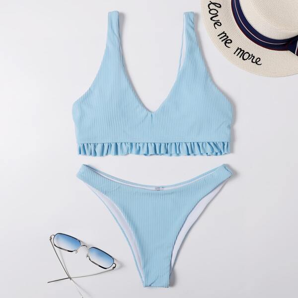 

Ribbed Frill Hem Bikini Swimsuit, Baby blue