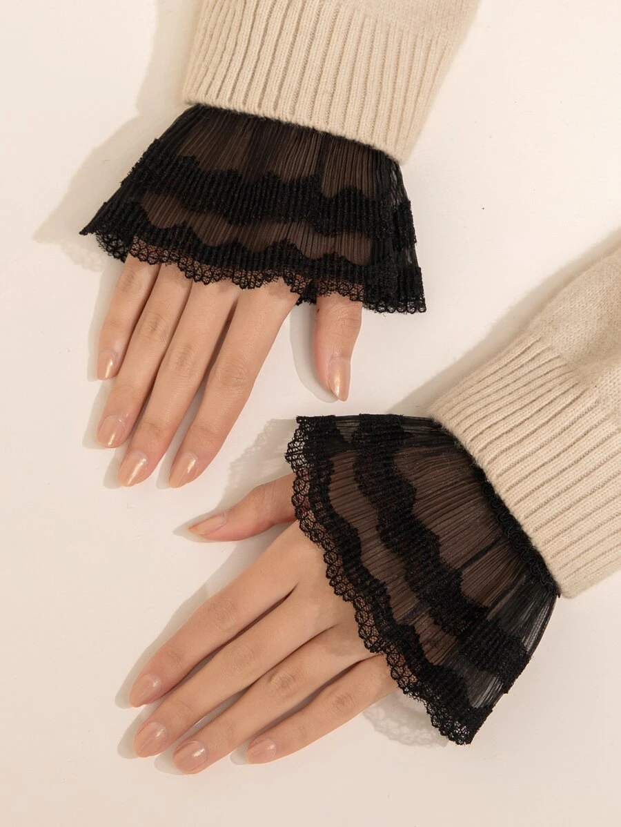 1pair Lace Wrist Cuffs - Black - View 1