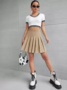 SHEIN Unity 側拉鏈百褶半身裙 - 卡其色 - 查看 3