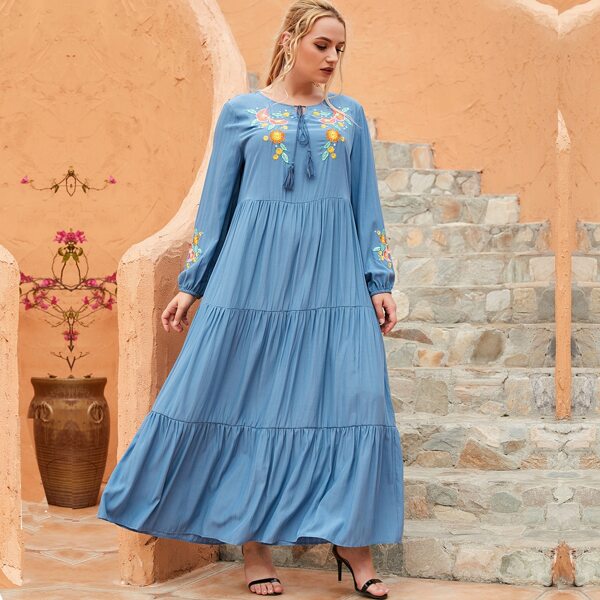 

Plus Floral Embroidery Tassel Tie Neck Ruffle Hem Dress, Dusty blue