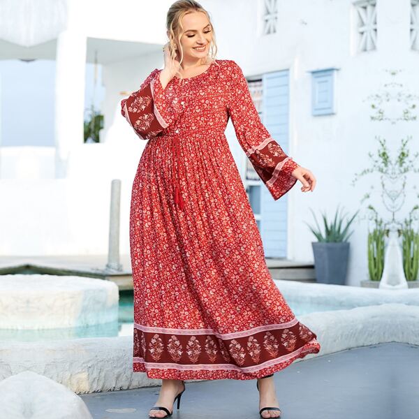 

Plus Tassel Tie Front Flounce Sleeve A-line Dress, Red