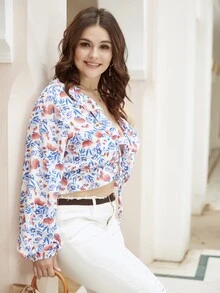 SHEIN Unity 大碼印花繫帶荷葉邊上衣 - 彩色 - 查看 3