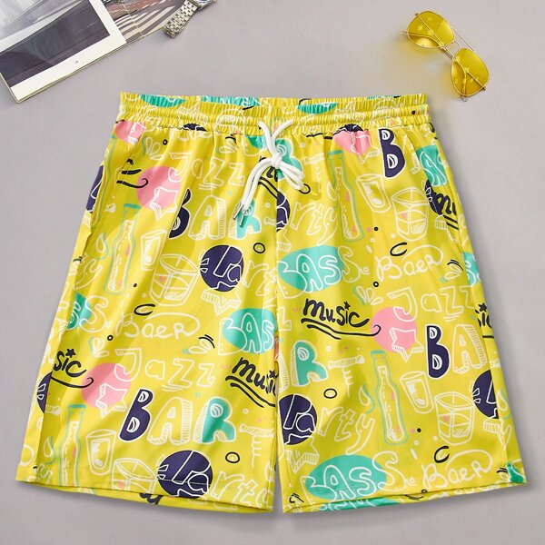

Men Letter And Cartoon Graphic Shorts, Yellow