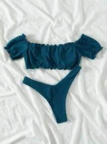 Frill Trim Tie Front Bikini Set, For Summer Beach Vacation - Blue - View 2