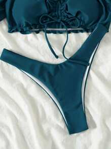 Frill Trim Tie Front Bikini Set, For Summer Beach Vacation - Blue - View 4