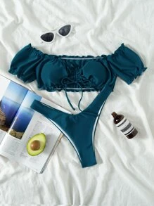 Frill Trim Tie Front Bikini Set, For Summer Beach Vacation - Blue - View 5