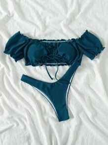 Frill Trim Tie Front Bikini Set, For Summer Beach Vacation - Blue - View 6