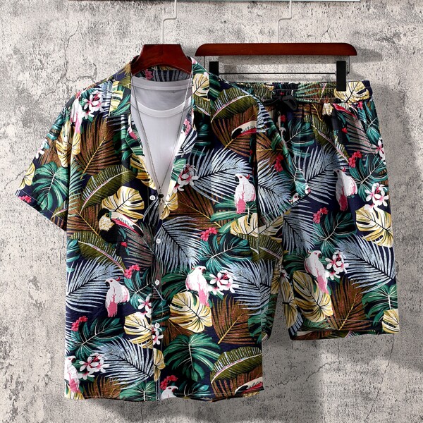 

Men Random Tropical Print Shirt With Shorts Without Tee, Multicolor