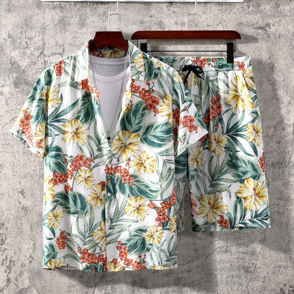 

Men Random Floral Shirt With Shorts Without Tee, Multicolor