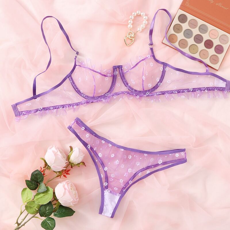

Floral Print Mesh Underwire Lingerie Set, Lilac purple