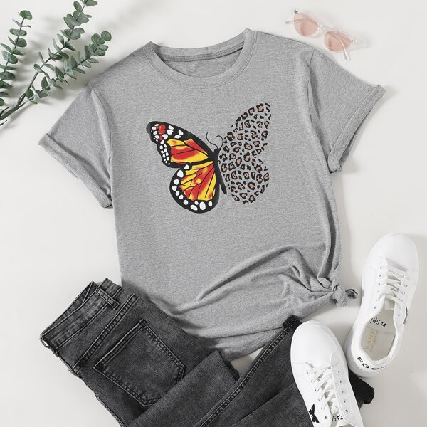 

Plus Butterfly Print Crew Neck Tee, Grey