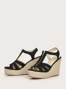 Sandalias cuñas de alpargata con cremallera delantera - Negro - Ver 2