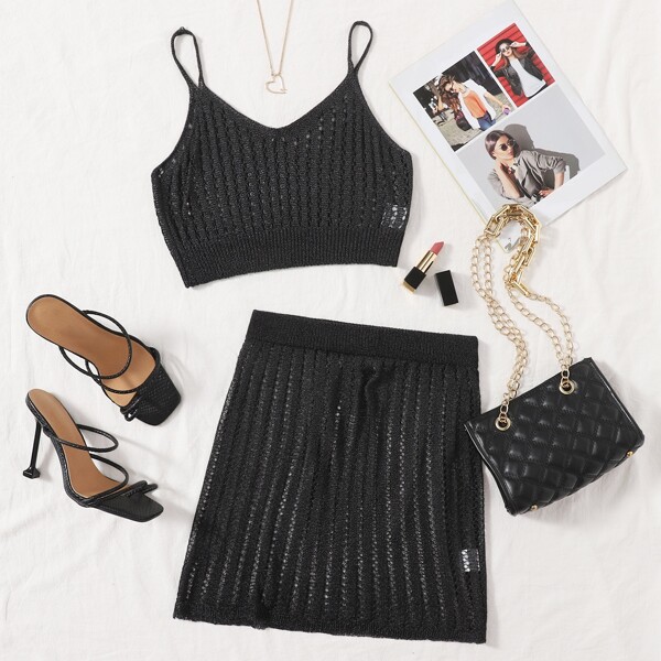 

Open Knit Cover Up Top & Skirt Set Without Bikini, Black