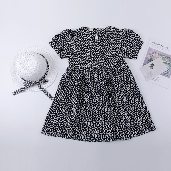 

Toddler Girls Ditsy Floral Puff Sleeve Smock Dress With Hat, Black