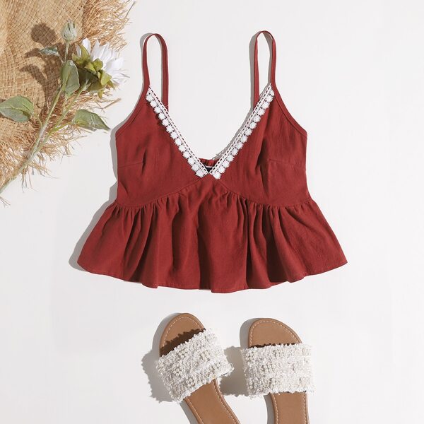 

Guipure Lace Trim Ruffle Hem Cami Top, Redwood