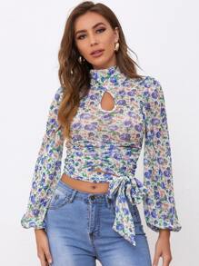 SHEIN 鎖孔領燈籠袖抽褶腰帶花卉網紗上衣 - 彩色 - 查看 1