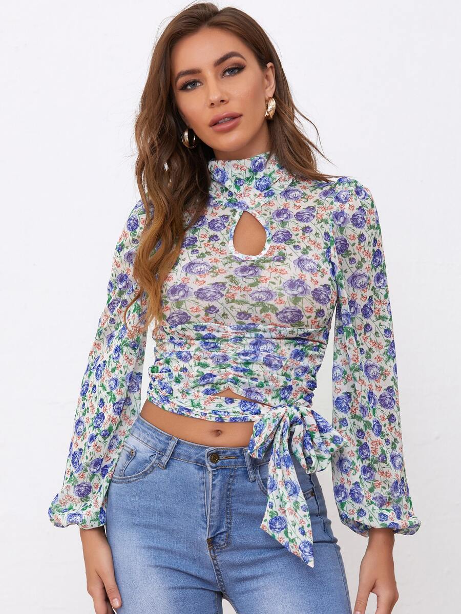 SHEIN 鎖孔領燈籠袖抽褶腰帶花卉網紗上衣 - 彩色 - 查看 1