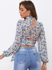 SHEIN 鎖孔領燈籠袖抽褶腰帶花卉網紗上衣 - 彩色 - 查看 2
