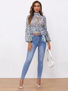 SHEIN 鎖孔領燈籠袖抽褶腰帶花卉網紗上衣 - 彩色 - 查看 3