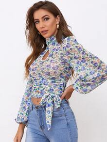 SHEIN 鎖孔領燈籠袖抽褶腰帶花卉網紗上衣 - 彩色 - 查看 4