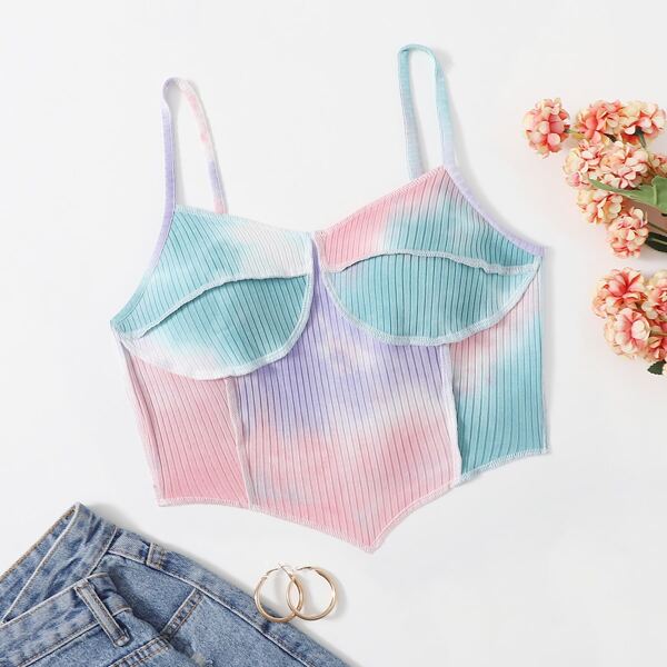

Tie Dye Asymmetrical Hem Rib-knit Crop Cami Top, Multicolor