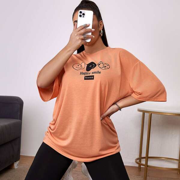 

Drop Shoulder Letter & Heart Graphic Longline Tee, Orange