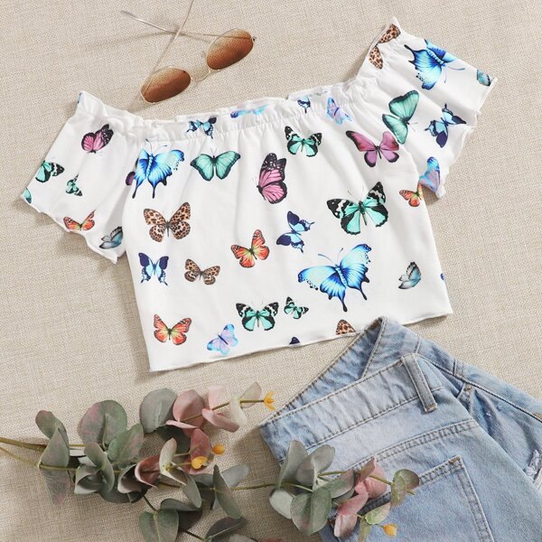 

Butterfly Print Frill Trim Crop Tee, Multicolor