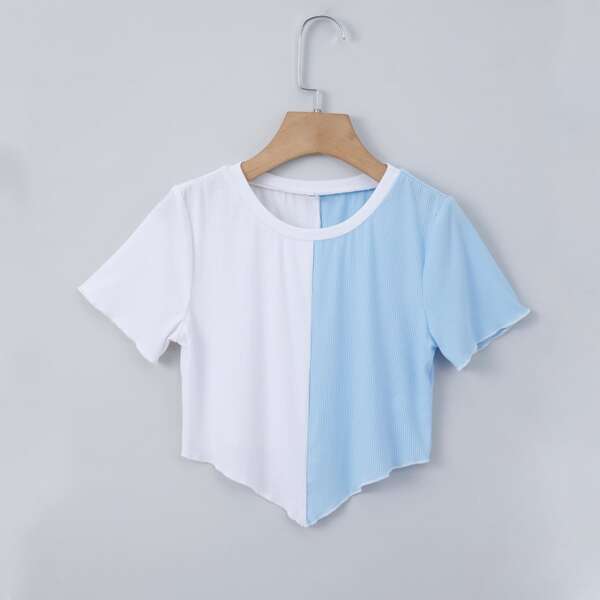

Girls Two Tone Asymmetrical Hem Tee, Blue and white