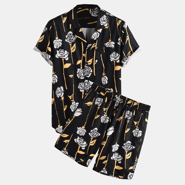 

Men Floral Print Button Through Shirt & Shorts, Black