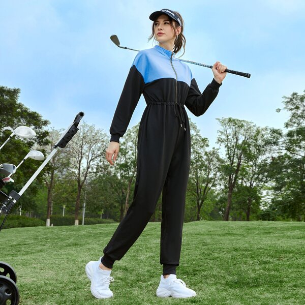 

Golf Colorblock Drawstring Waist Sweatshirt Jumpsuit, Black