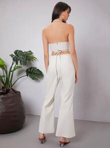 SHEIN Cutout Side Tie Back Halter Jumpsuit - Beige - View 2