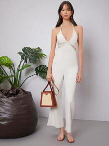 SHEIN Cutout Side Tie Back Halter Jumpsuit - Beige - View 3