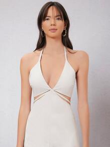 SHEIN Cutout Side Tie Back Halter Jumpsuit - Beige - View 4