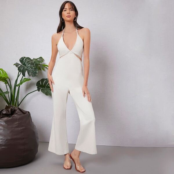 

Cutout Side Tie Back Halter Jumpsuit, Beige