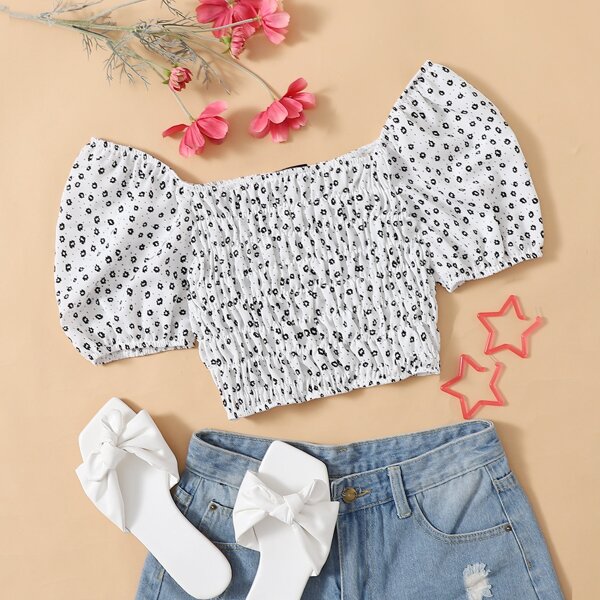

Ditsy Floral Print Shirred Blouse, White