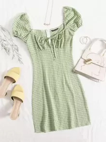 SHEIN Qutie 繫帶格紋圖案連衣裙 - 青檸色 - 查看 1
