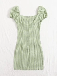SHEIN Qutie 繫帶格紋圖案連衣裙 - 青檸色 - 查看 2
