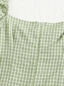 SHEIN Qutie 繫帶格紋圖案連衣裙 - 青檸色 - 查看 3