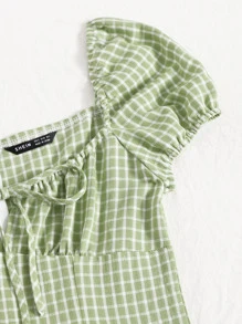 SHEIN Qutie 繫帶格紋圖案連衣裙 - 青檸色 - 查看 6